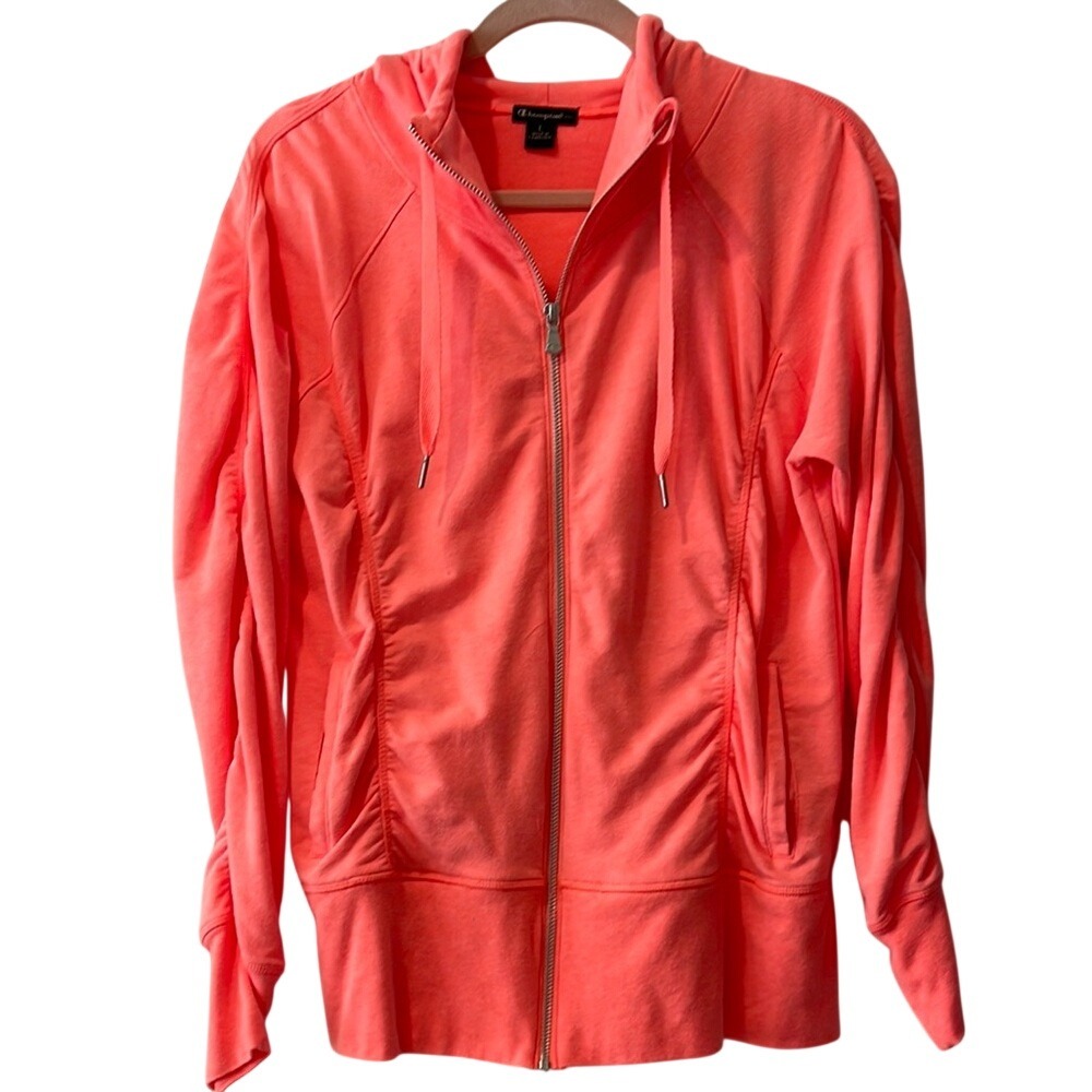 Champion Women's Orange Zip-Up Rouched Hoodie L
